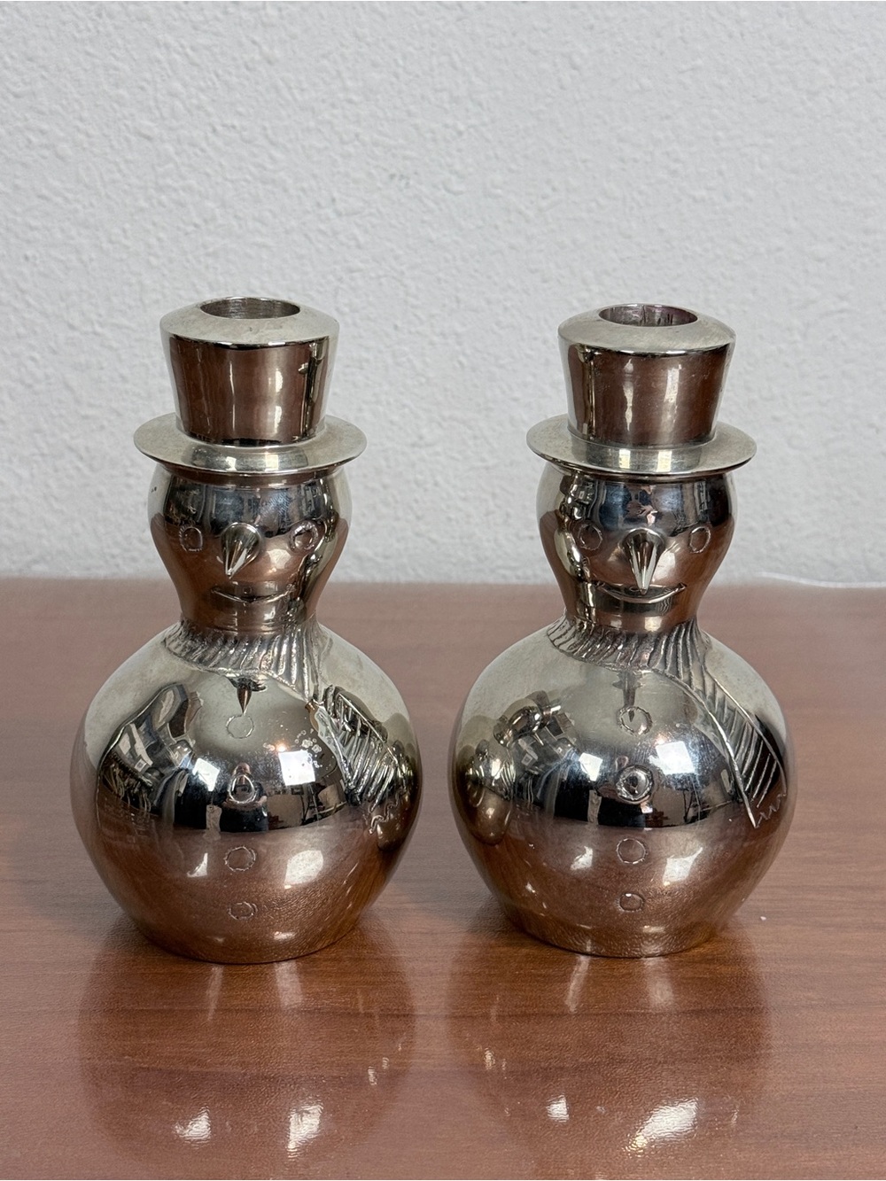Vintage Silver-Tone Snowman Taper Candle Holders Pair 6 inch